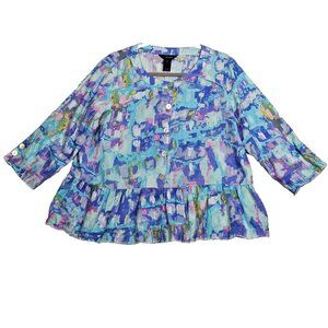 Ali Miles Large Peplum Top Colorful Button Up Ruffle Linen Blend Boho Lagenlook
